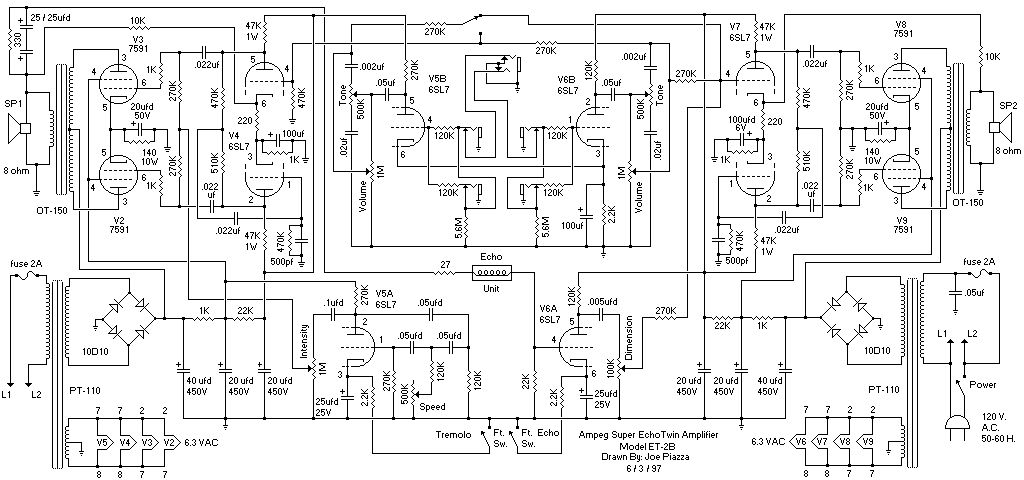 Схема Ampeg - Super Echo Twin Amplifier ET-2B