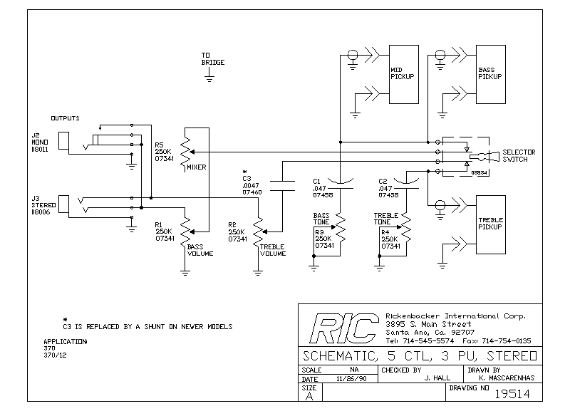 Схема Rickenbacker - Bass, 3 Control, 1 Pickup, Mono (3000)