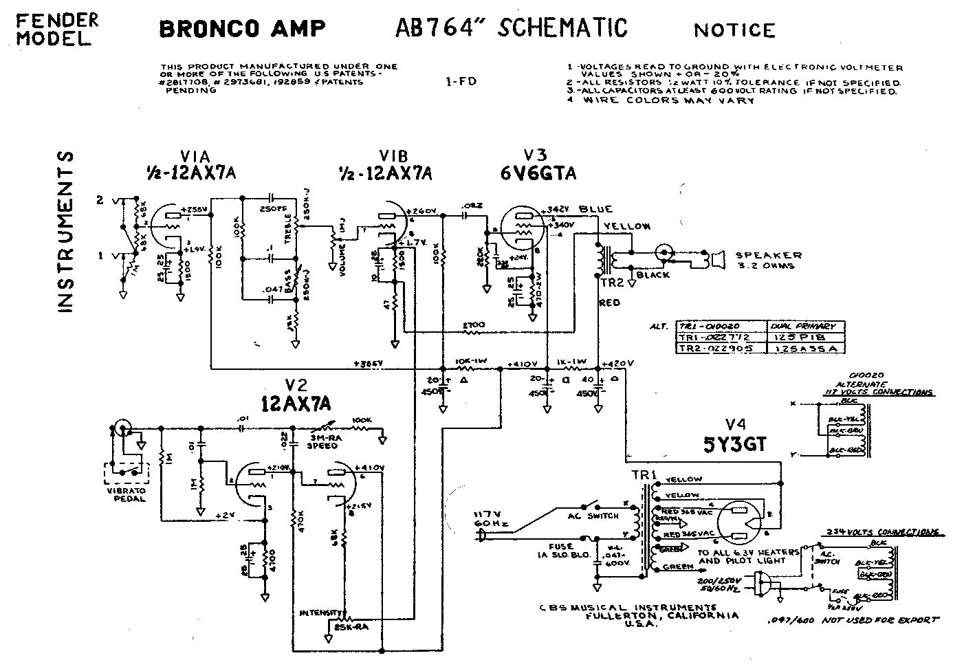 Схема Fender - Bronco Amp AB764