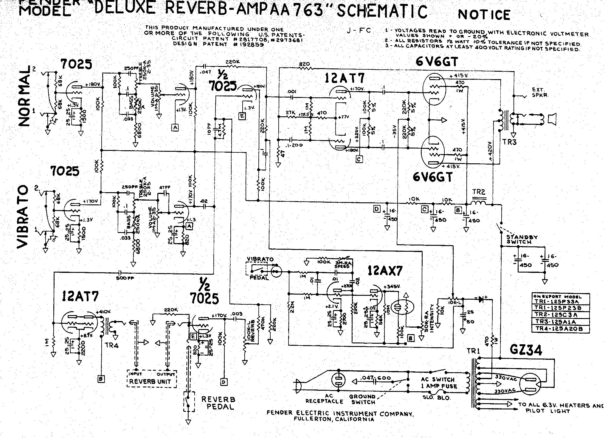 Схема Fender - Deluxe Reverb Amp AA763