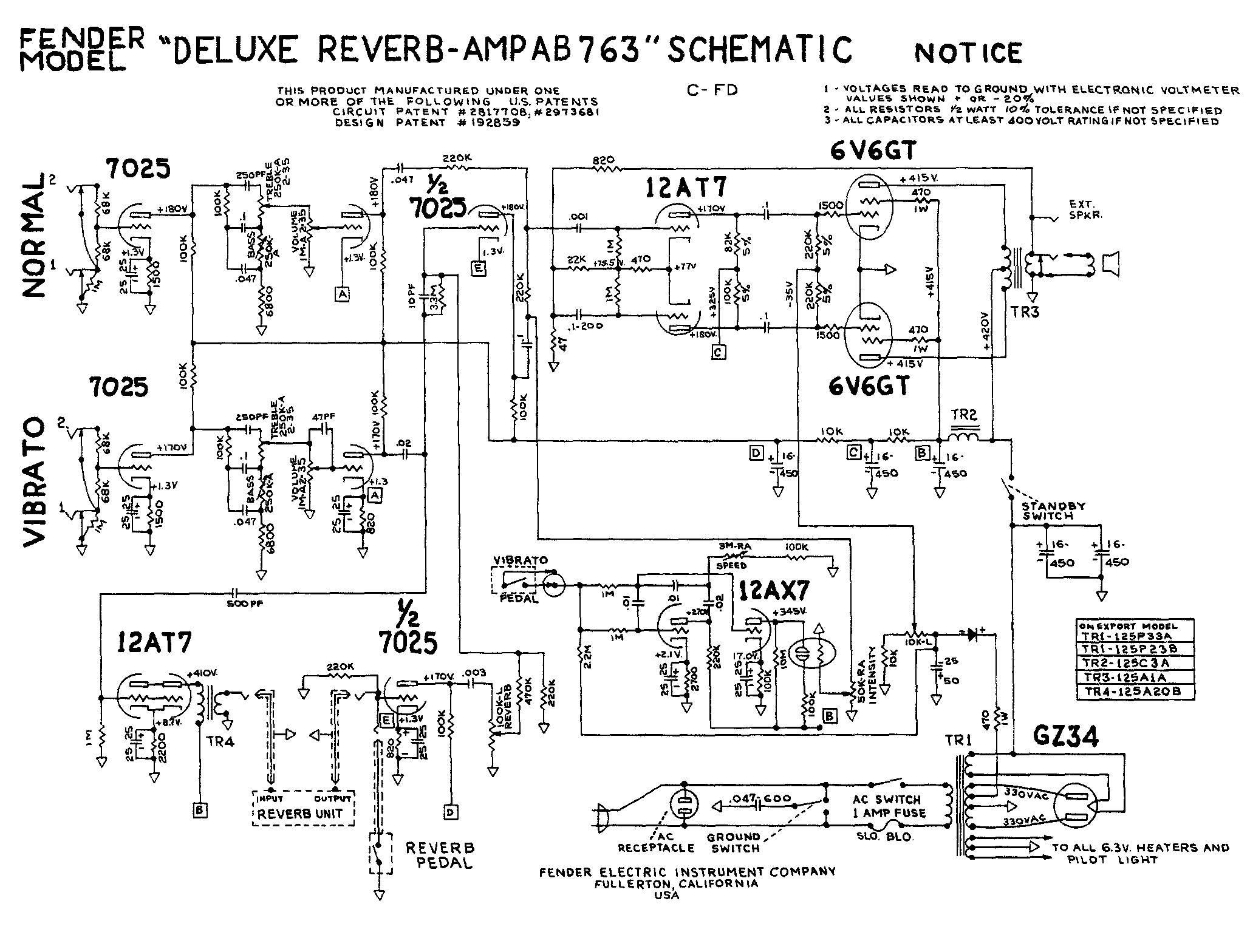 Схема Fender - Deluxe Reverb Amp AB763