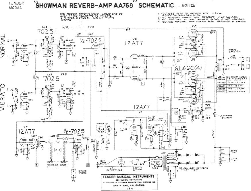 Схема Fender - Showman Reverb Amp AA768