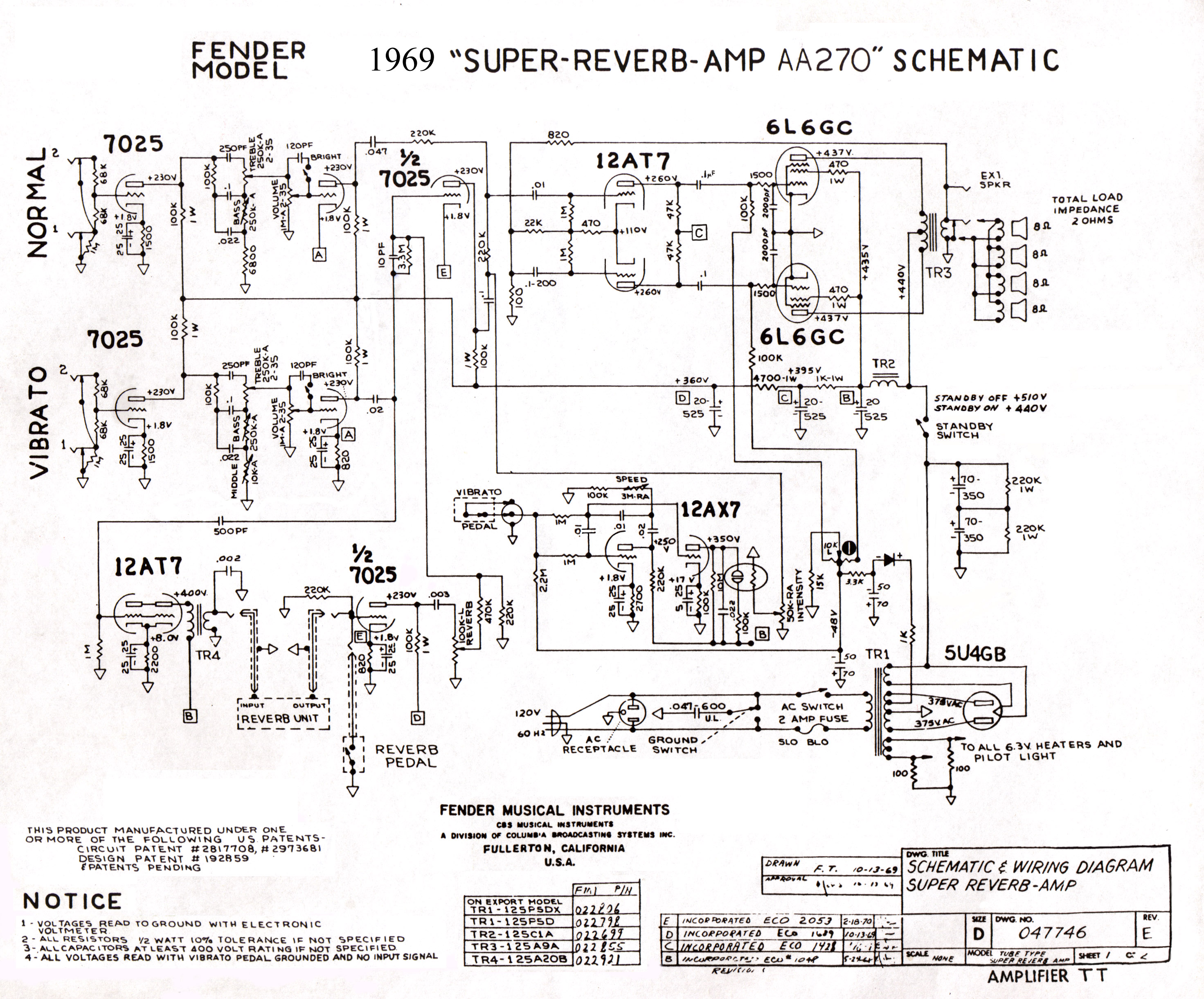 Схема Fender - Super Reverb Amp AA270 (1969)