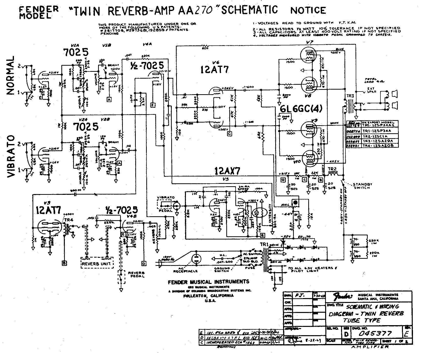 Схема Fender - Twin Reverb Amp AA270
