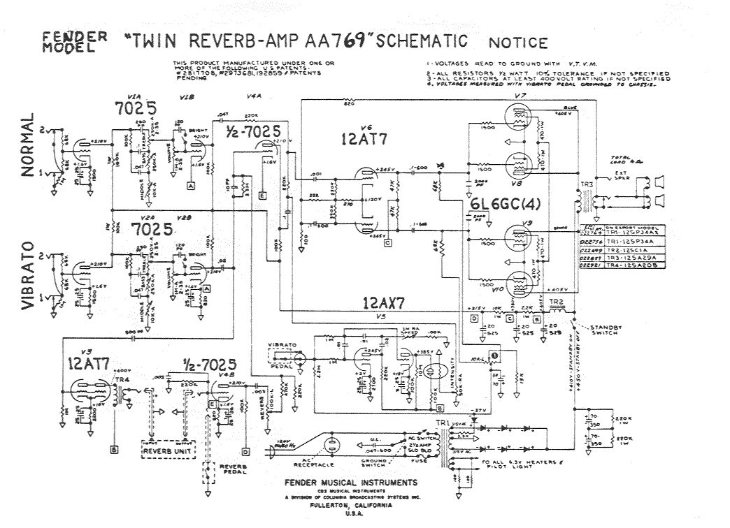 Схема Fender - Twin Reverb Amp AA769