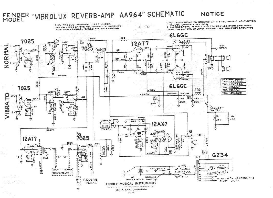 Схема Fender - Vibrolux Reverb Amp AA964