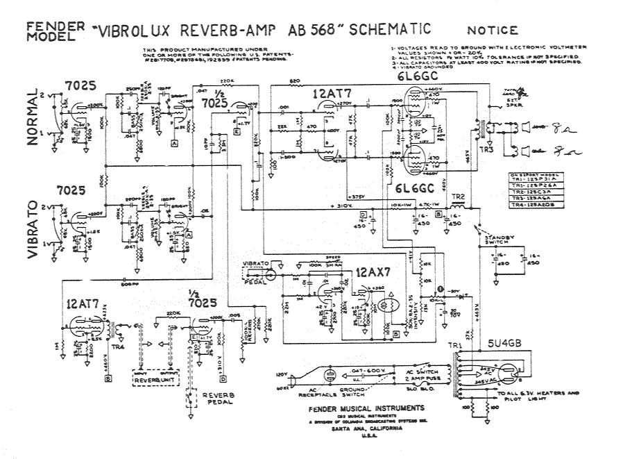 Схема Fender - Vibrolux Reverb Amp AB568