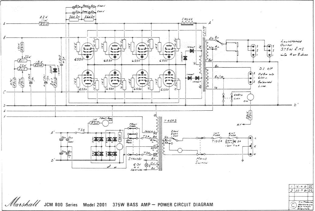 Схема Marshall - JCM 800 Bass Amp M2001 - Power Amp (375W)