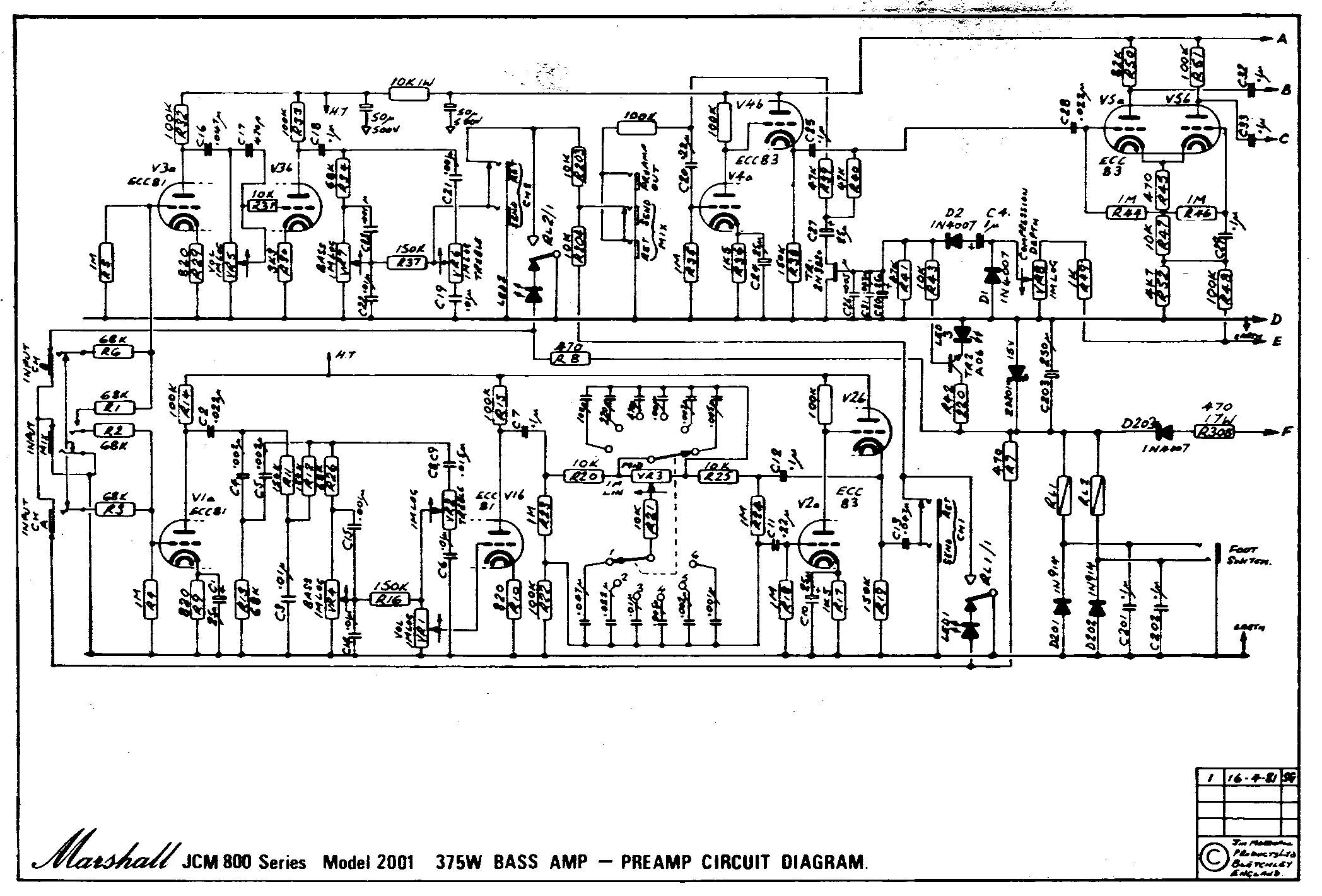 Схема Marshall - JCM 800 Bass Amp M2001 - Preamp