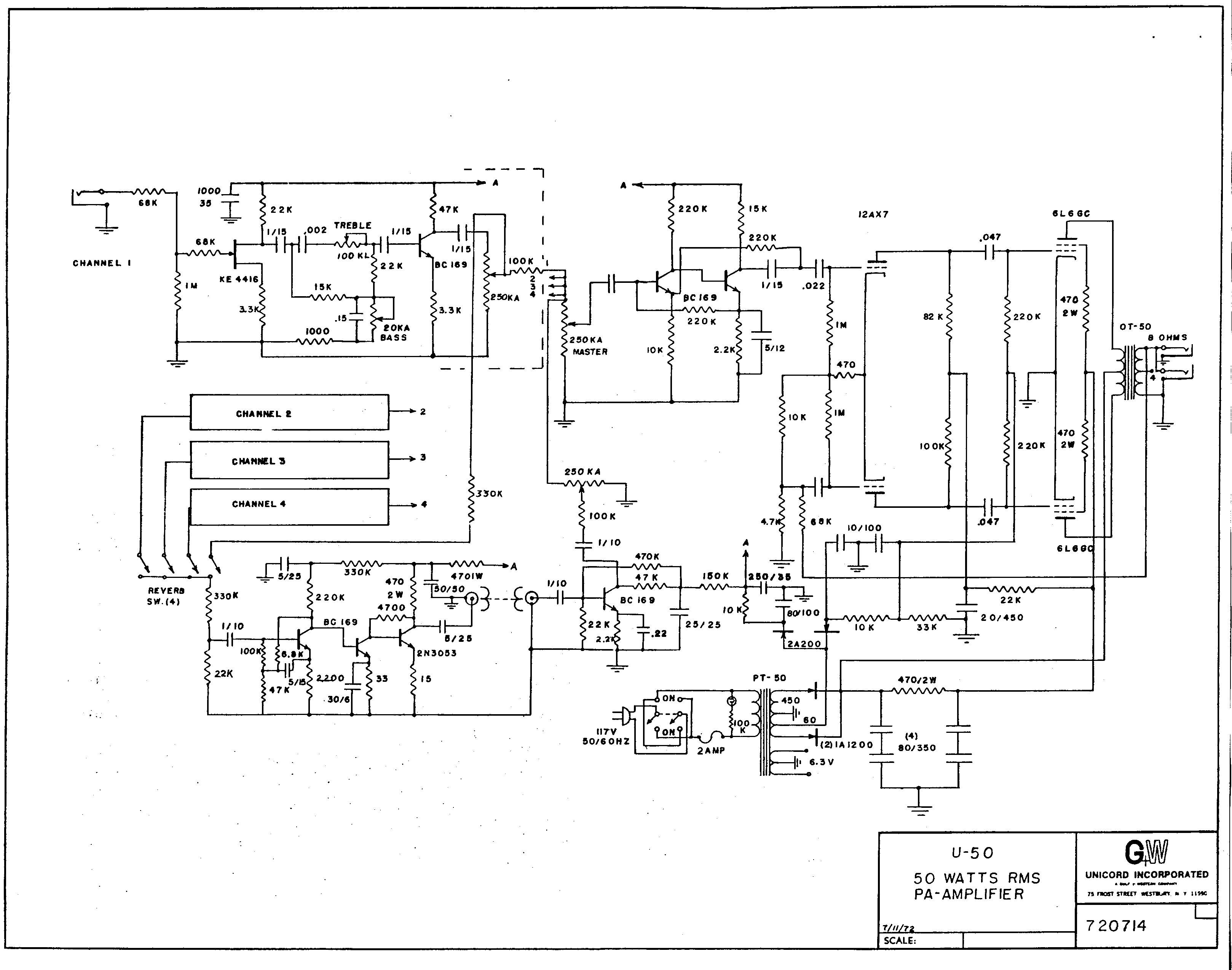 Схема Unicord - U50 - 50WATTS RMS PA-Amplifier