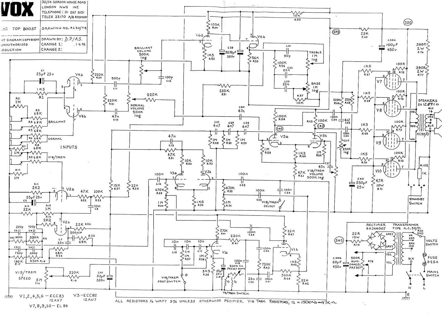 Схема Vox - AC30 Amplifier (1986)